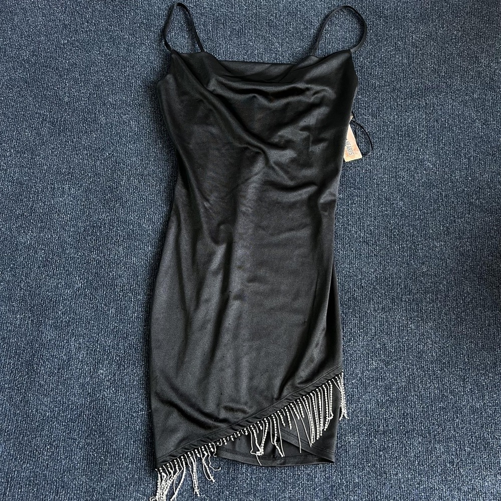 Inspired Hearts Dress Womens Medium Black Satin Fringe Slip Bodycon Mini Party